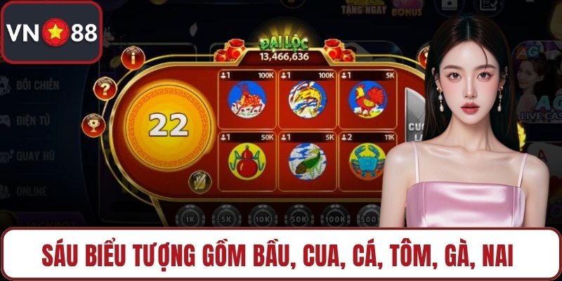 Sáu biểu tượng gồm bầu, cua, cá, tôm, gà, nai